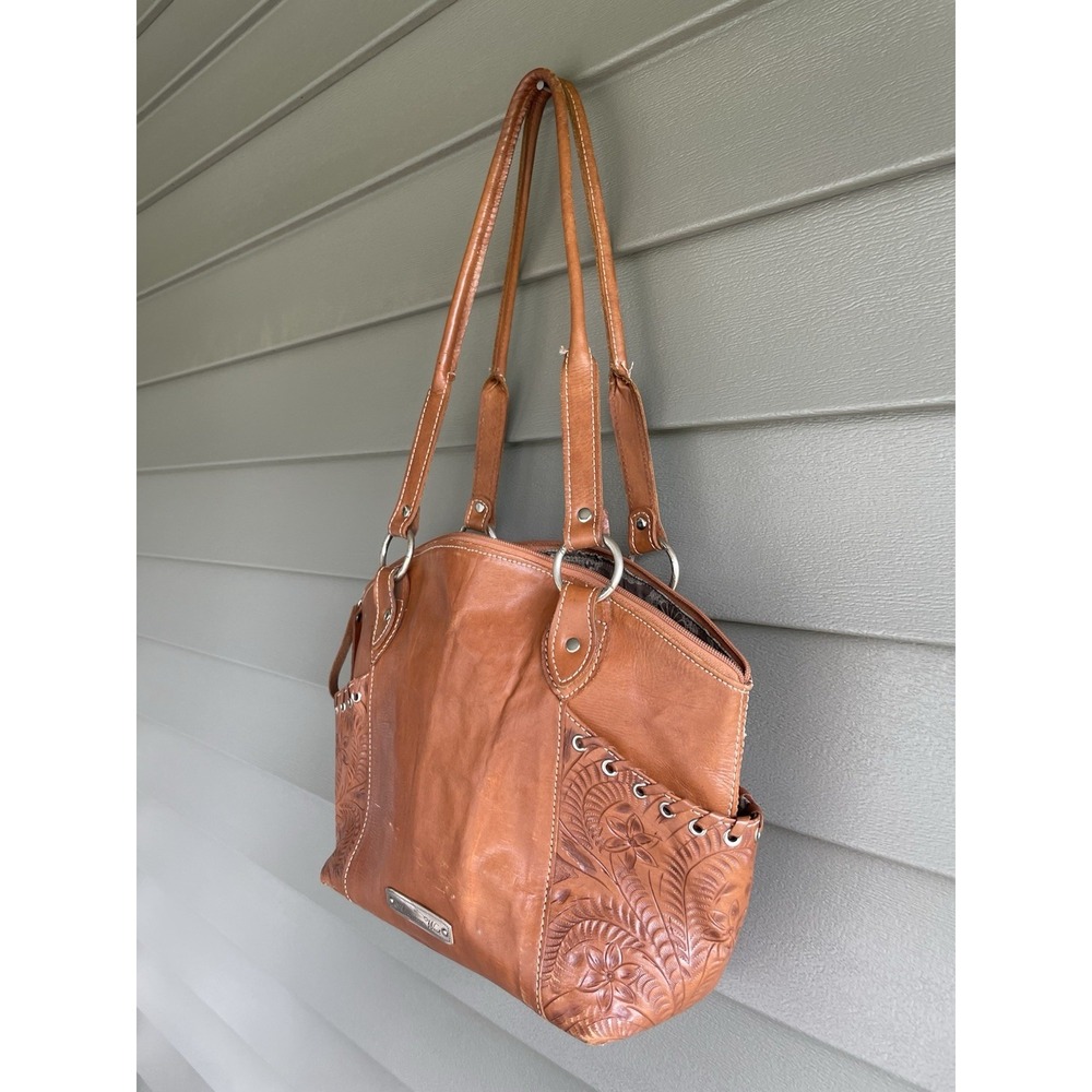 American West Embossed Tooled Leather Western Style Brown Tan Handbag Purse Bag - Picture 3 of 16
